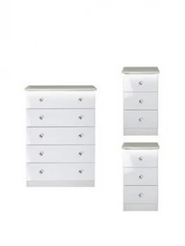 image of Swift Lumiere Ready Assembled 3 Piece Package - 5 Drawer Chest And 2 Bedside Chests With Lights