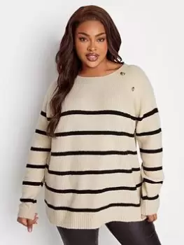 image of Yours Stripe Button Detail Jumper, Natural, Size 18-20, Women