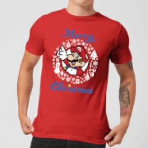 Image of Nintendo Super Mario Mario White Wreath Merry Christmas Red T-Shirt - L - Red