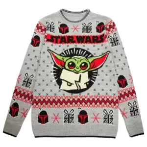 image of Star Wars: The Mandalorian Mens The Child Knitted Christmas Jumper (XXL) (Grey/Red/Black)