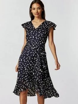 Image of Wallis Petite Multi Spot Ruffle Dress - Navy, Size 12, Women