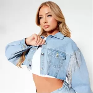 Image of I Saw It First Diamante Tassel Detail Crop Denim Jacket - Blue