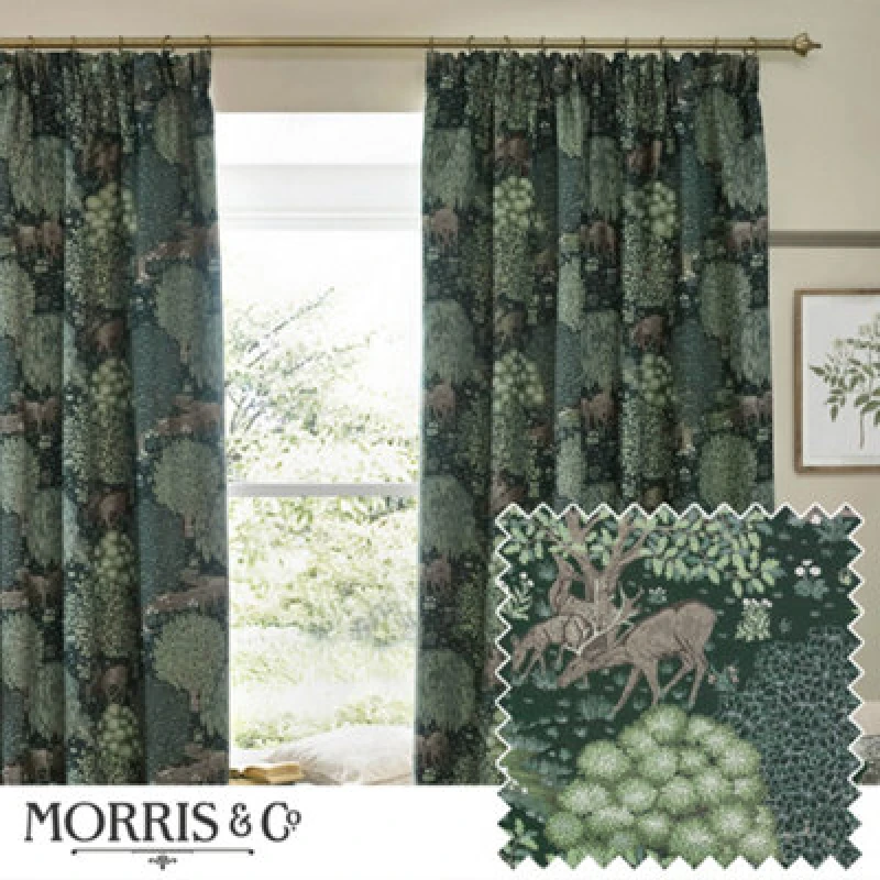 Image of Morris & Co Morris & Co Brook Woodland Jacquard Room Darkening Pencil Pleat Curtains in Green Size: 117cm width x 183cm drop Green 117cm width x 183