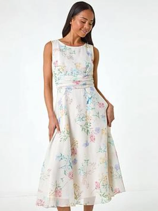 Image of Roman Womens Petite Floral Gathered Waist Midi Dress in Ivory Size: 16 Ivory Female 16
