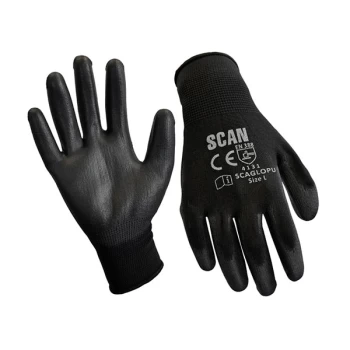 image of Scan SCAGLOPU12M Black PU Coated Gloves - M (Size 8) (12 Pairs)