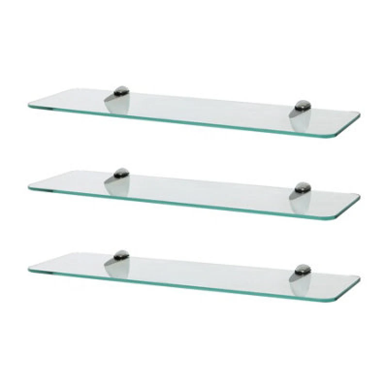 Image of Harbour Housewares 3X Rounded Floating Glass Shelves - 50Cm - Silver Brackets - Bathroom Shower Storage Vanity Display Unit Shelf