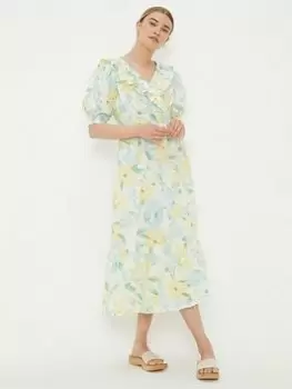 Image of Dorothy Perkins Floral Poplin Ruffle Midi Dress - Ivory, Cream, Size 10, Women