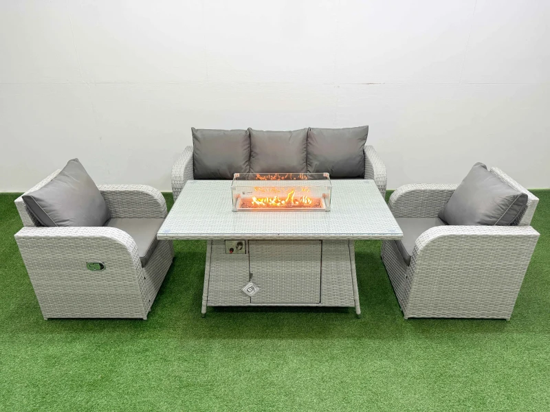 Image of Fimous PE Rattan Garden Furniture Set Reclining Chair Sofa Lounge Sofa Set Firepit Dining Table Light Grey Light Grey