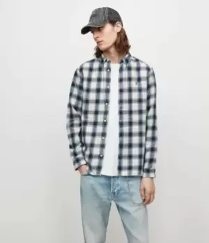 Image of AllSaints Mens Usu Long Sleeve Check Shirt, Ecru White, Size: XL