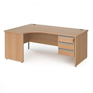 image of Dams International Left Hand Ergonomic Desk with 3 Lockable Drawers Pedestal and Beech Coloured MFC Top with Silver Panel Ends and Silver Frame Corner