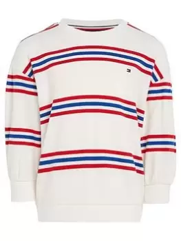 Image of Tommy Hilfiger Girls Varsity Stripe Crew Sweat Top - White/Multi Stripe, White/Multi, Size Age: 14 Years, Women