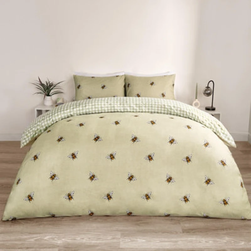 Image of OHS OHS Bee Striped Duvet Cover Reversible Bedding Set in Light Green Size: King Light Green King Unisex 5027434182954
