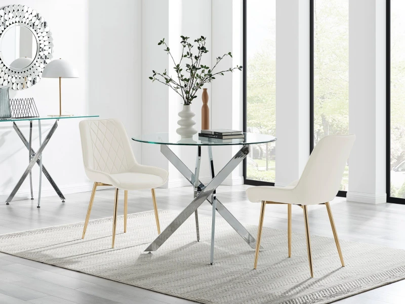 Image of FurnitureboxUK FurnitureboxUK Novara 100cm Round Dining Table and 2 Pesaro Gold Leg Chairs in Cream Cream One Size Unisex 5061064381011