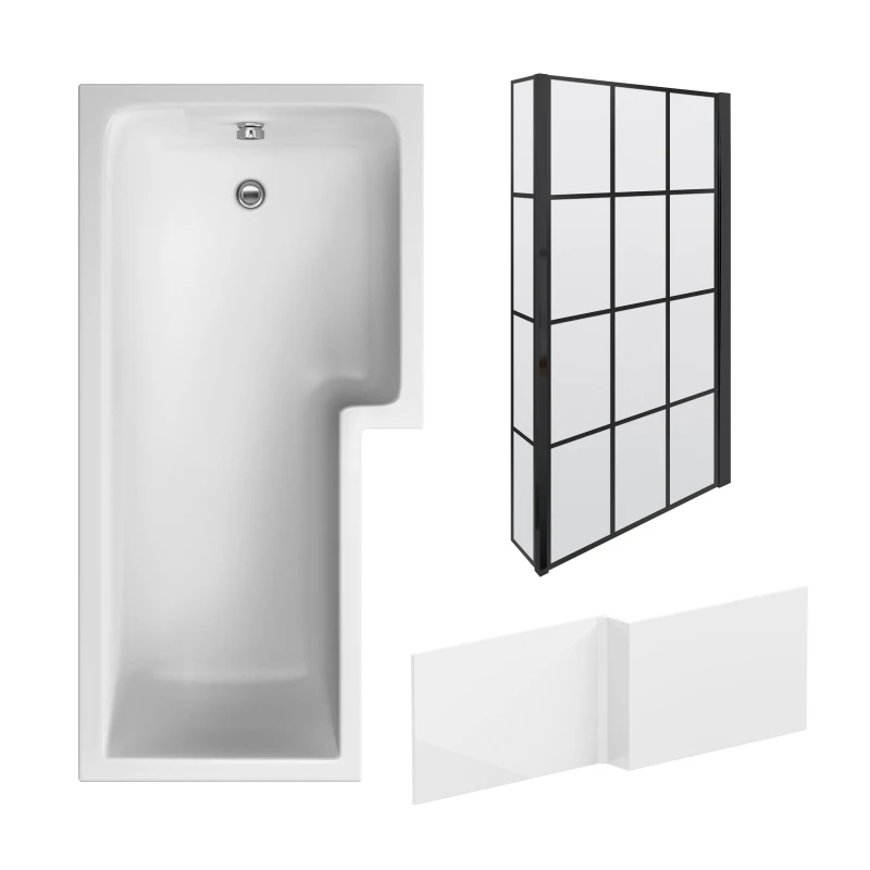 Image of Balterley 1700mm L Shape Bathtub Front Panel with Hinged Screen Black Profile Black
