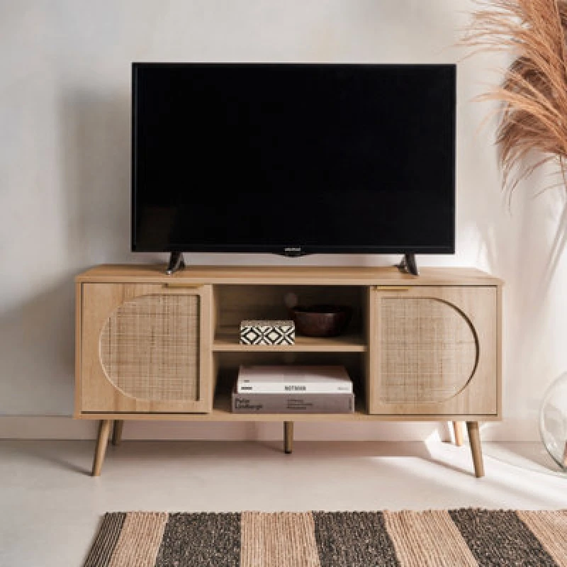 Image of sweeek Wood And Rounded Cane Rattan TV Unit Light Brown