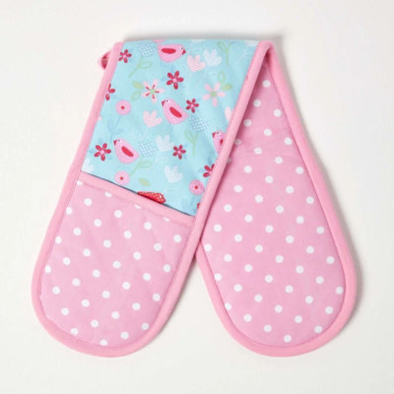 Image of Homescapes Birds And Flowers Pink Cotton Double Oven Glove