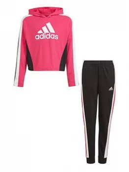 Image of adidas Junior Girls Hooded Crop Tracksuit - Black/Pink, Size 5-6 Years, Women