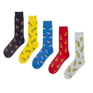 image of Brave Soul Mens Musical Instrument Design Socks (Pack Of 5 Pairs) (7-11 UK) (Multicoloured)