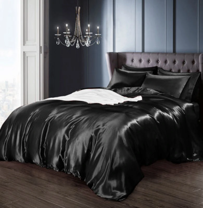 Image of Intimates Luxury Faux Silk Duvet Cover & Pillowcase Set, Stylish Bed Linen With Smooth Satin-Like Finish, Machine Washable - Black