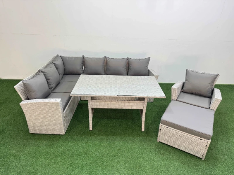 Image of Fimous 8 Seater Rattan Garden Furniture Set Dining Table Chair Big Footstool in Light Grey Light Grey Unisex