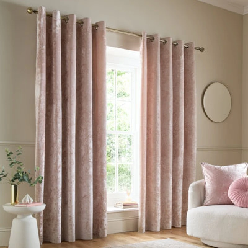 Image of Catherine Lansfield Crushed Velvet 66X54" Lined Eyelet Curtains Two Panels Blush Pink