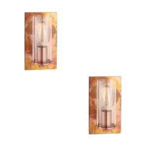 Image of 2 PACK Copper Patina Plate Wall Lamp Light & Clear Glass Shade - Dimmable LED