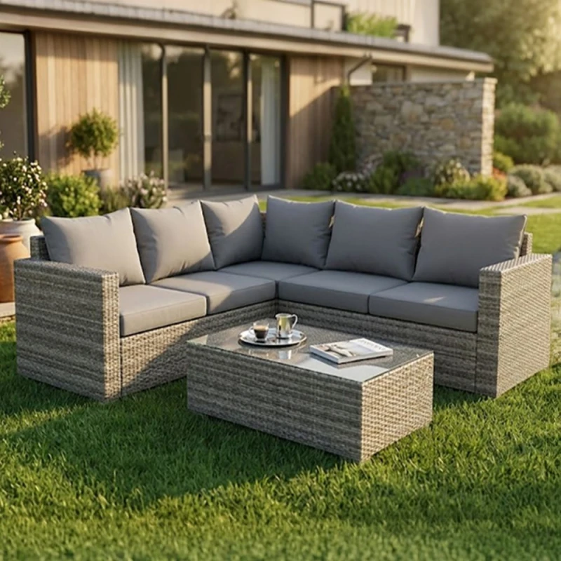 Image of Alivio 5 Seater Rattan Corner Sofa Set, PE Rattan Garden Furniture Set with Coffee Table, Anti-UV Cushions for Indoor Outdoor - Grey Grey Unisex