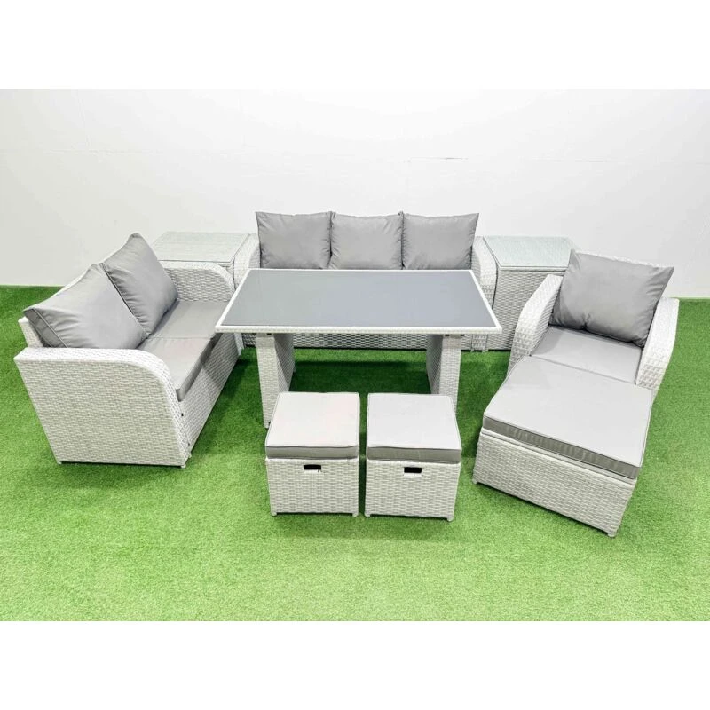 Image of Fimous Rattan Outdoor Sofa Set with 2 Side Tables Light Grey 9 Seater Light Grey Unisex