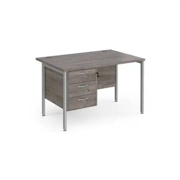 Image of Maestro 25 straight desk 1200mm x 800mm with 3 drawer pedestal - silver H-frame leg, grey oak top