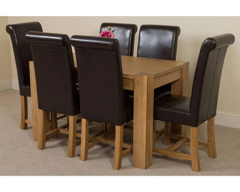 Image of Thats Furniture Kuba 125x80cm Chunky Oak Small Dining Table & 6 Washington Leather Chairs in Brown Size: 125x80cm Brown Unisex 125x80 cm
