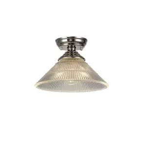 image of Dresden Flush Ceiling Lamp E27 With Cone 30cm Glass Shade Polished Nickel, Clear