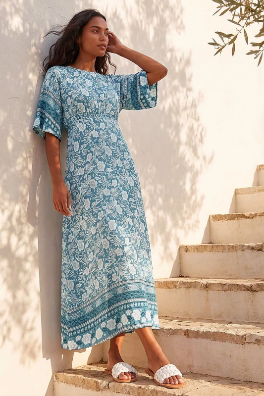 Image of Roman Womens Floral Border Print Midi Dress in Light Blue Size: 18 Light Blue Female 18
