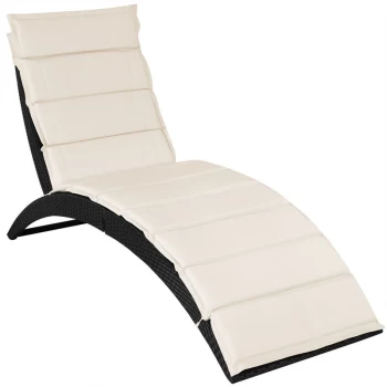 Image of Deuba Poly Rattan Sun Lounger Outdoor Garden Furniture Patio Terrace Black Day Bed Recliner w/Cream Detex Cushion Wicker Deck Chair