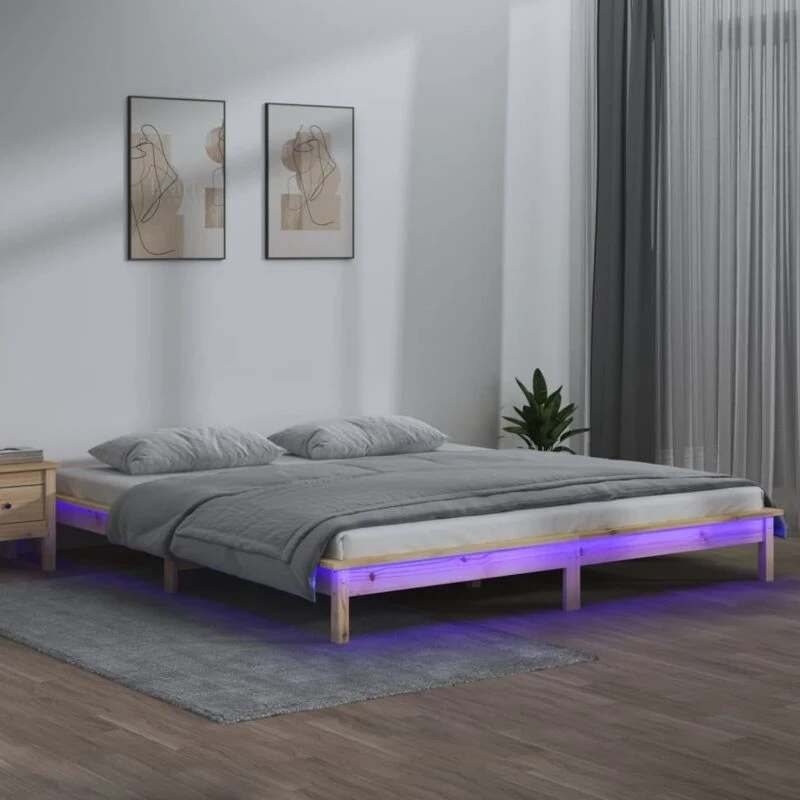Image of vidaXL LED Bed Frame 200x200cm Solid Wood, Brown 820626