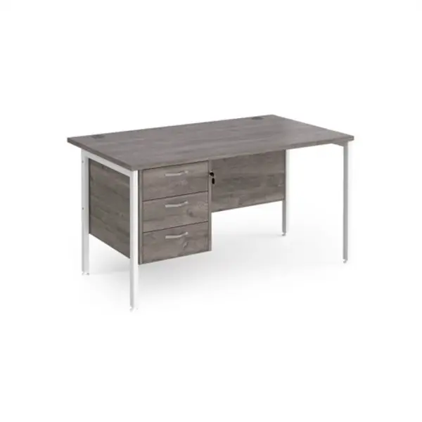 image of Maestro 25 straight desk 1400mm x 800mm with 3 drawer pedestal - white H-frame leg, grey oak top