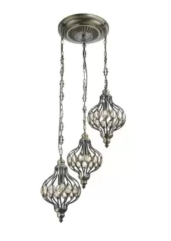 image of Marisa Triple Ceiling Pendant Round 3 Light E27 Antique Brass, Amber Crystal