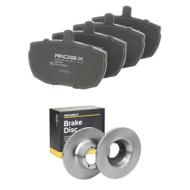 Image of RIDEX 3405B2516 Brake disc and pads set Front Axle, Brake Disc Type: Solid, excl. wear warning contact Brake Set,disc brakes (3405)
