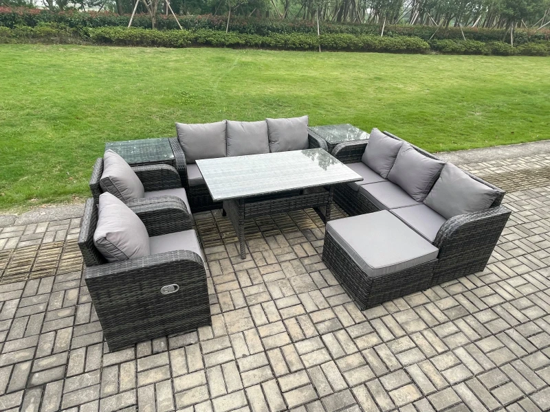 Image of Fimous Outdoor Garden Patio Furniture Wicker Rattan Oblong Rectangular Dining Table & Lounge Sofa set with 2 Side Table Big Footstool in Dark Grey Dar