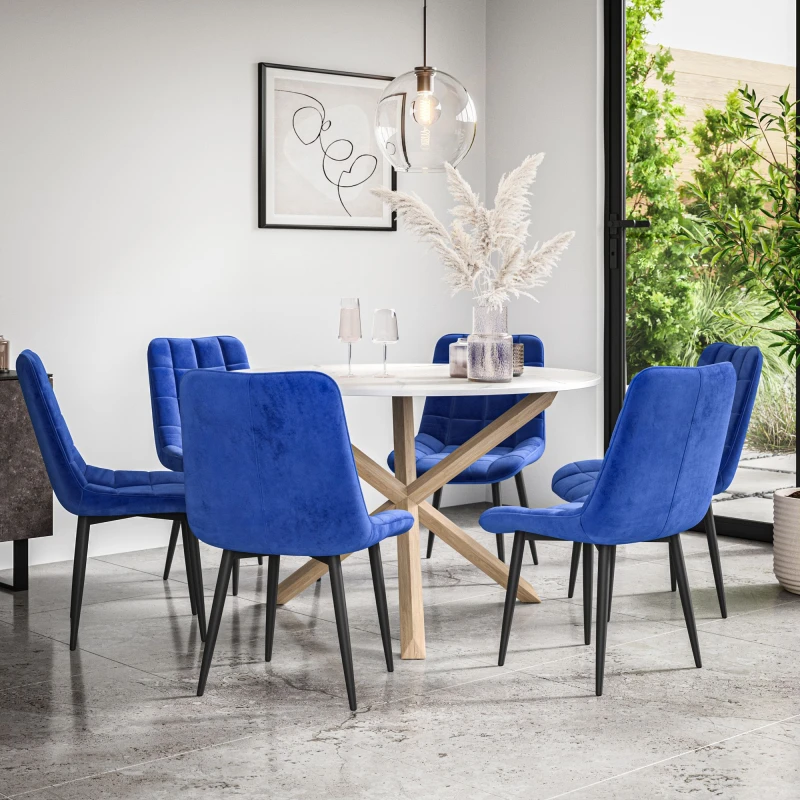 Image of More4Homes Malvern Round Dining Table And Chairs - Marble Table Top W Solid Oak Legs + Nova Velvet Dining Chair Set Of 6 (Blue)