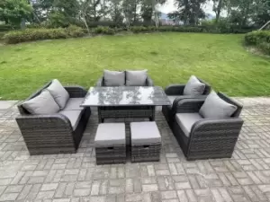 Image of Fimous 6 Seater Outdoor Dark Grey PE Rattan Lounge Complete Sofa Set with Reclining Chair and 2 Stools