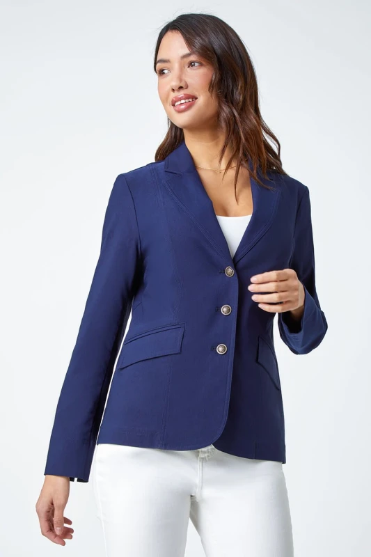 Image of Roman Button Detail Stretch Blazer Navy