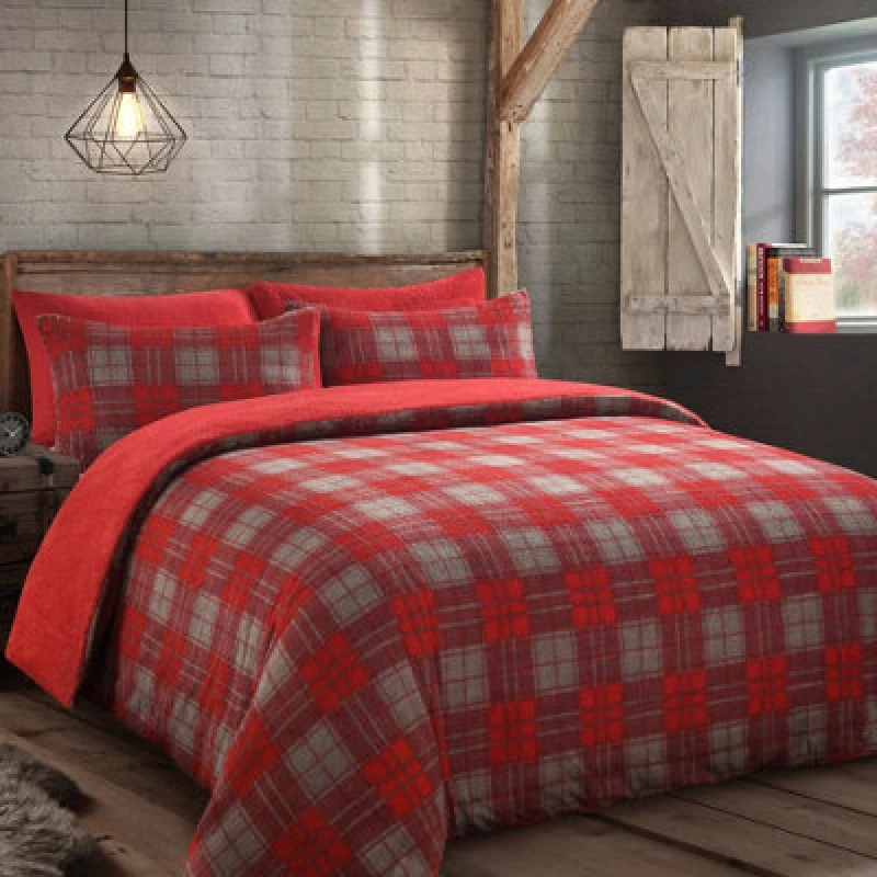 Image of Velosso Teddy Fleece Duvet Cover & Pillowcase Set, Cosy Winter Bedding, Button Enclosure, Machine Washable Bedroom Decor - Red