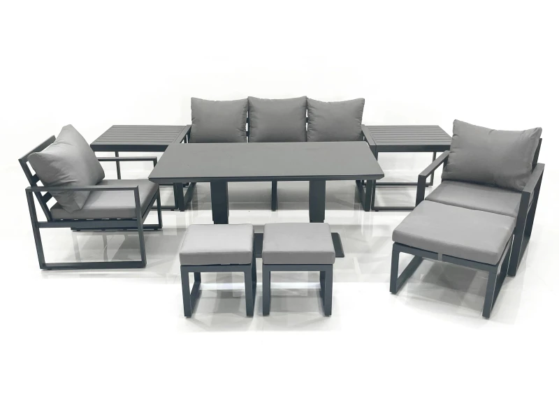 Image of Fimous 8 Seater Aluminium Outdoor Garden Furniture Set w/ Adjustable Rising Lifting Dining Table 3 Seater Sofa 2 Chair 3 Footstool 2 Side Tables Dark