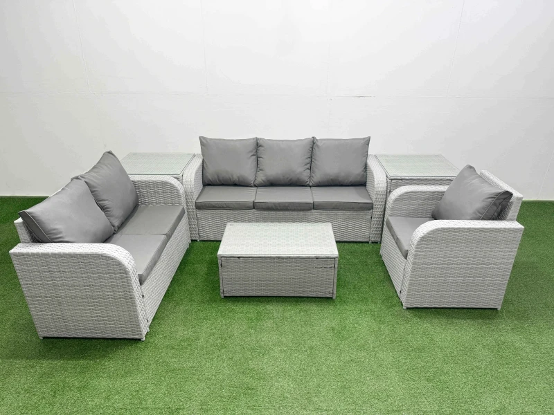 Image of Fimous Patio PE Wicker 6 Seater Outdoor Rattan Furniture Sofa Sets with Rectangular Coffee Table Reclining Chair Loveseat Sofa 3 Seater Sofa 2 Side Ta