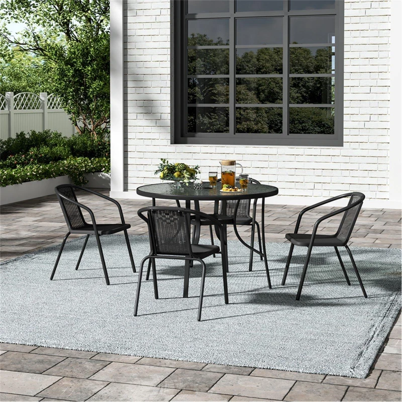 Image of Breeins Tempered Glass Outdoor Table with 4 Rattan Chairs - Black L