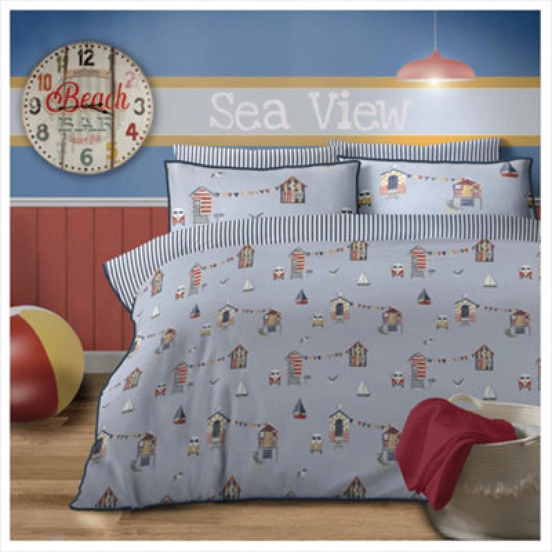 Image of Bellissimo Home Bellissimo Home Super King Size Blue Beach Hut Piped Edge 200 Thread Count Duvet Cover Set - Wilko Blue