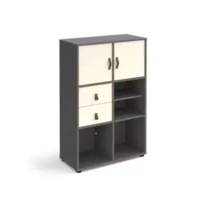 Image of Universal cube storage unit 1295mm high on glides with matching shelf, 2 cupboards and drawers - grey with white inserts