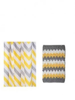 Image of Croydex Chevron Shower Curtain And Bathmat Set ; Yellow, Grey And White