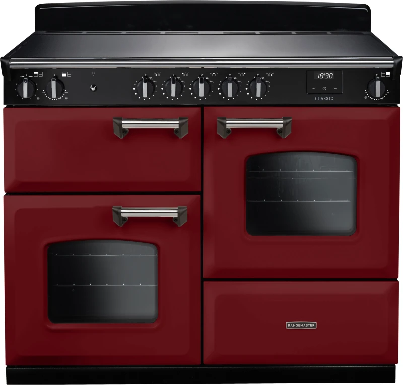 Image of Rangemaster Classic OC CLO110EIPBOR/CM1 110cm wide Electric Range Cooker with Zone induction hob Hob - Bordeaux / Chrome - A Rated