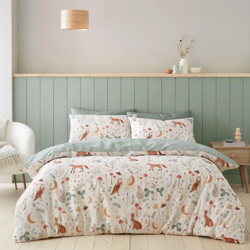 Image of Catherine Lansfield Enchanted Twilight Animals Reversible Duvet Cover & Pillowcase Set Natural